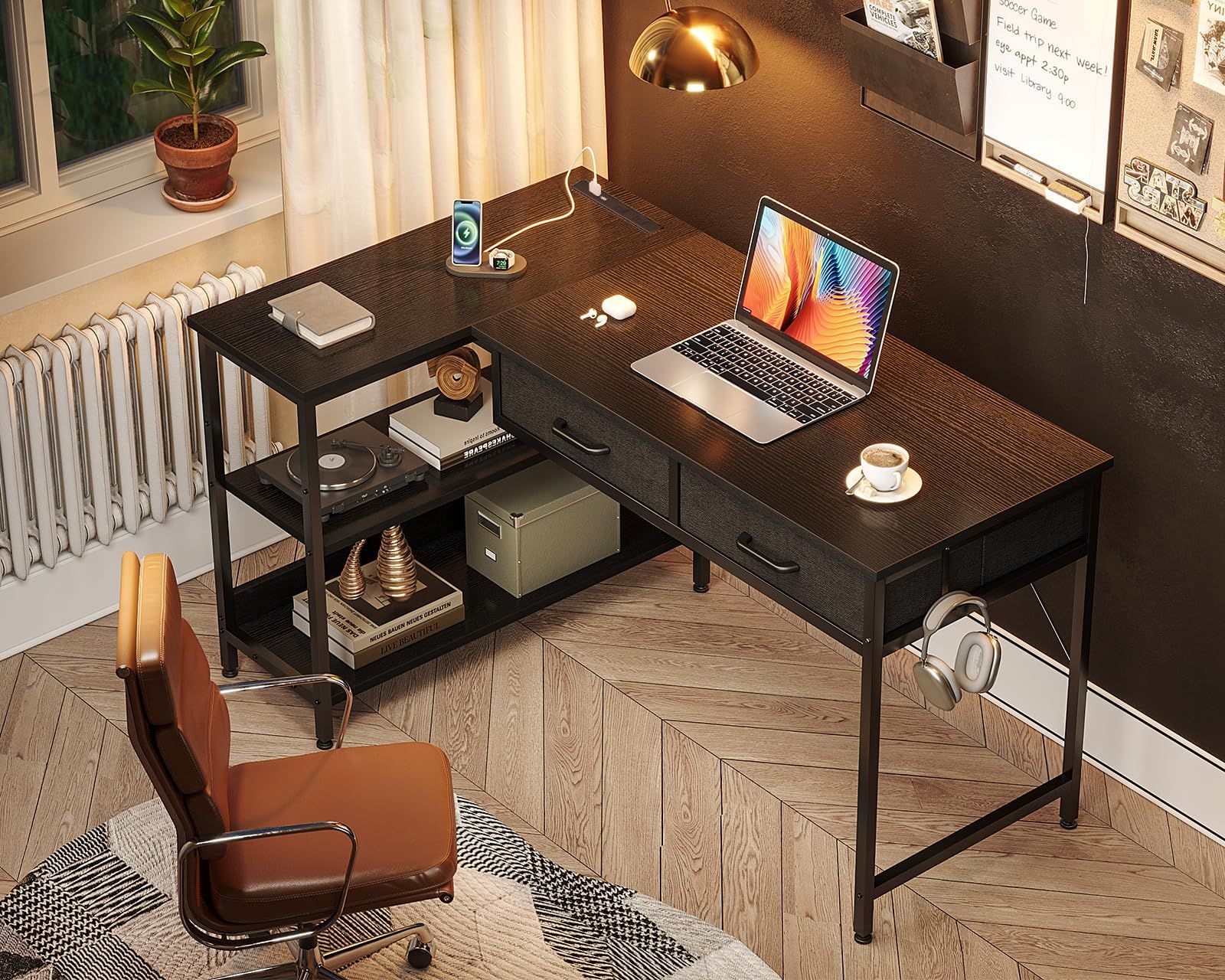 AODK パソコンデスク 引き出し2杯付き ゲーミングデスク コンセント付き l字デスク デスク 机 幅100 pcデスク 棚付き 勉強机 収納 desk 在宅勤務 仕事用 組立簡単 ブラック