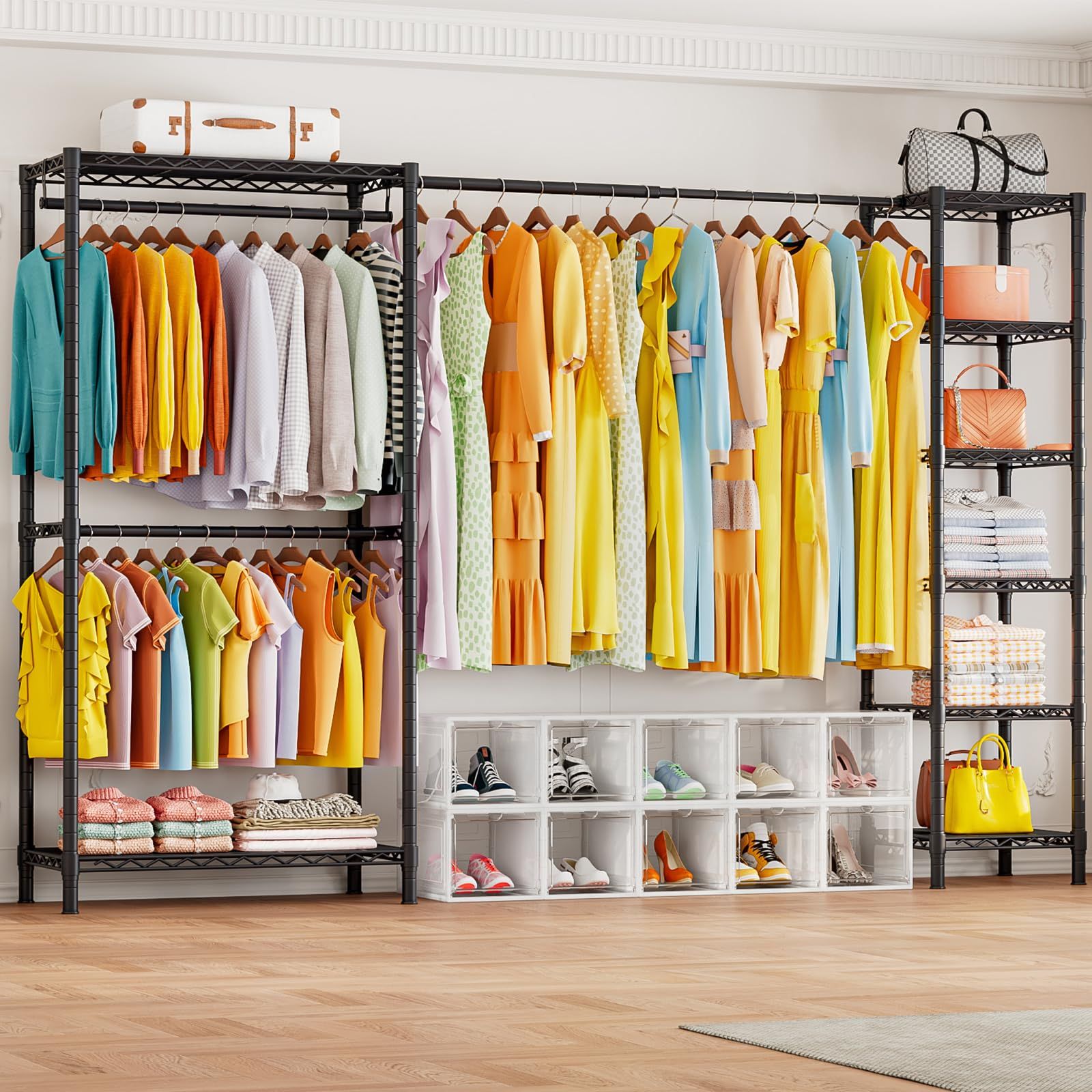 PASRLD ハンガーラック 伸縮式 ワードローブ コート掛け 大容量 洋服ラック 収納棚 衣類収納 メッシュ棚付き 高さ調節 省スペース 防サビ 新生活応援 幅183 245.5 奥行37 高さ181cm ブラック