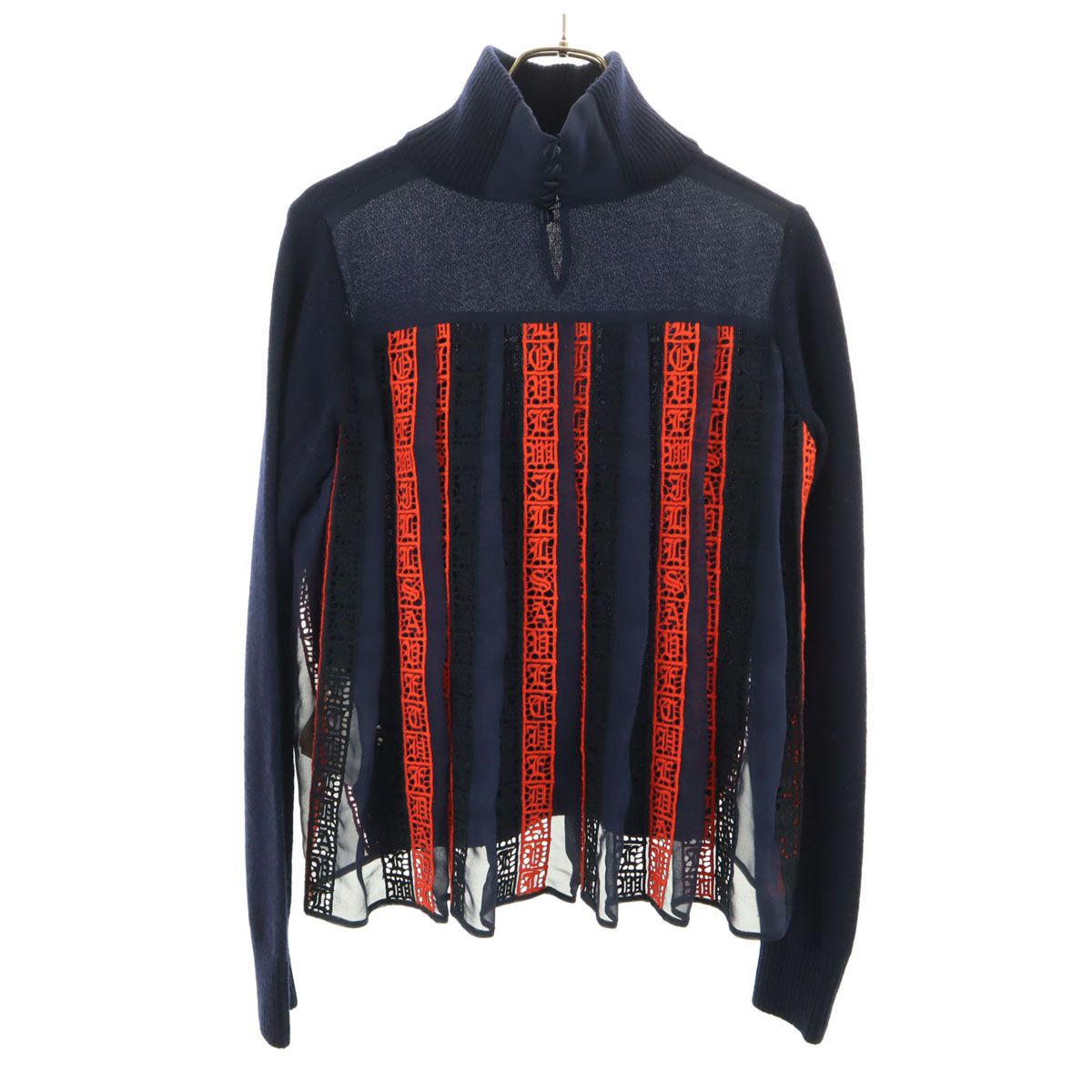 Sacai サカイ 日本製 長袖 プリーツ切替 ニット 1 ネイビー レディース 古着