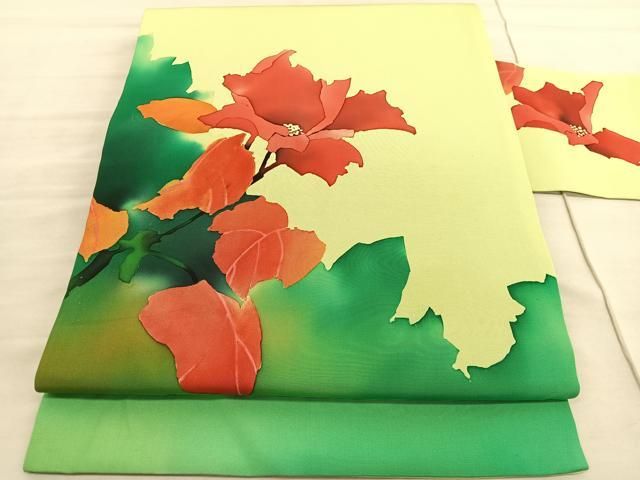 三越誂 塩瀬名古屋帯（花と蝶文）長368 正絹美品 名古屋帯