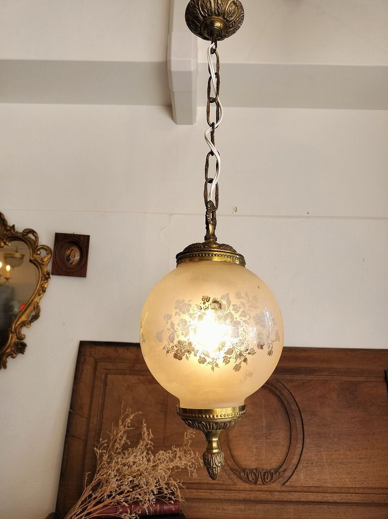 フランス アンティーク 模様つき ガラス ガラスシェード シャンデリア 照明 ペンダントライト