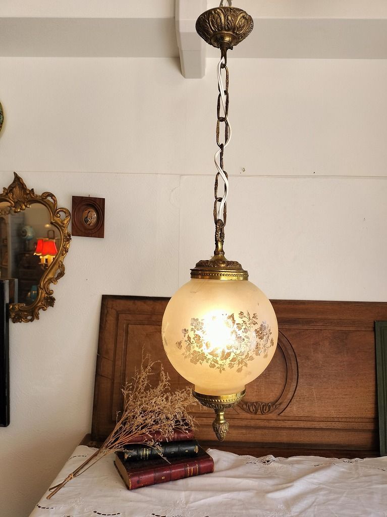 フランス アンティーク 模様つき ガラス ガラスシェード シャンデリア 照明 ペンダントライト