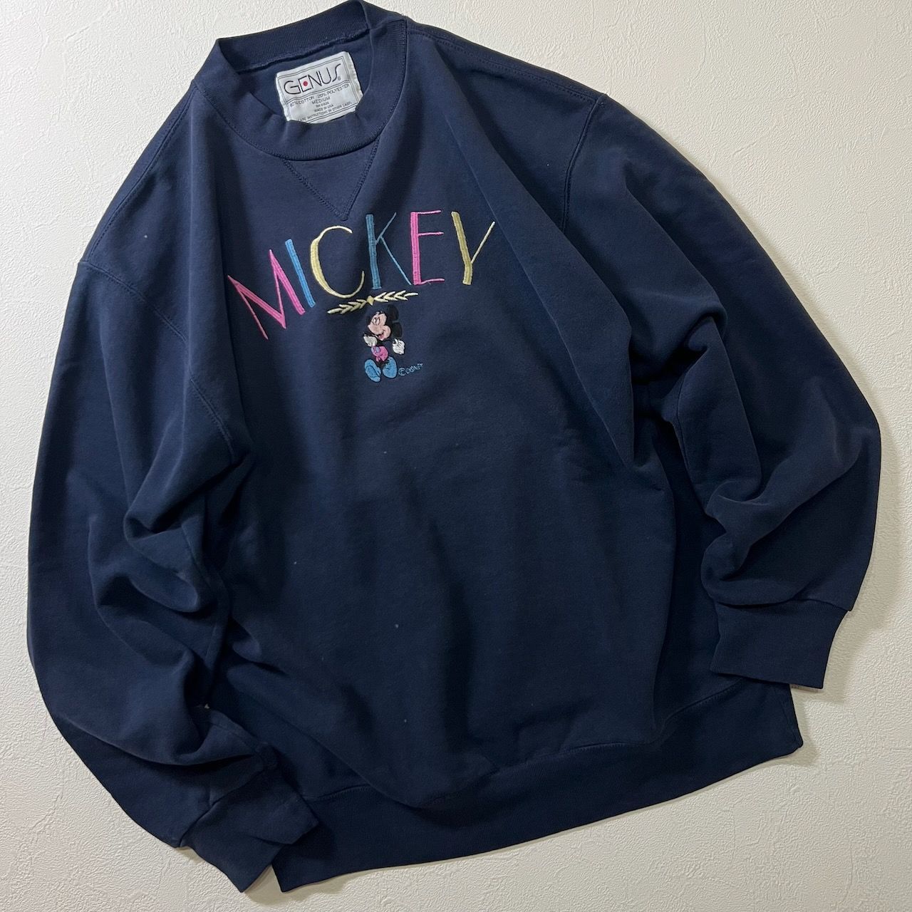 80s～90s USA GENUS 刺繍ロゴ ディズニー ミッキーマウス スウェット プルオーバー ネイビー M 古着