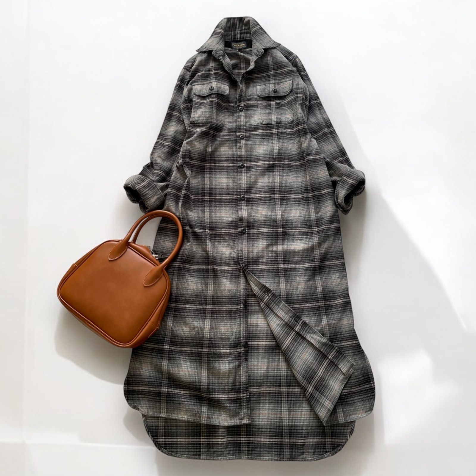 ⚓ ペンドルトン チェック ネルシャツ ワンピース 長袖 ロングシャツ グレー PENDLETON aran woollen mills アラン ウーレンミルズ Check Shirt One-piece