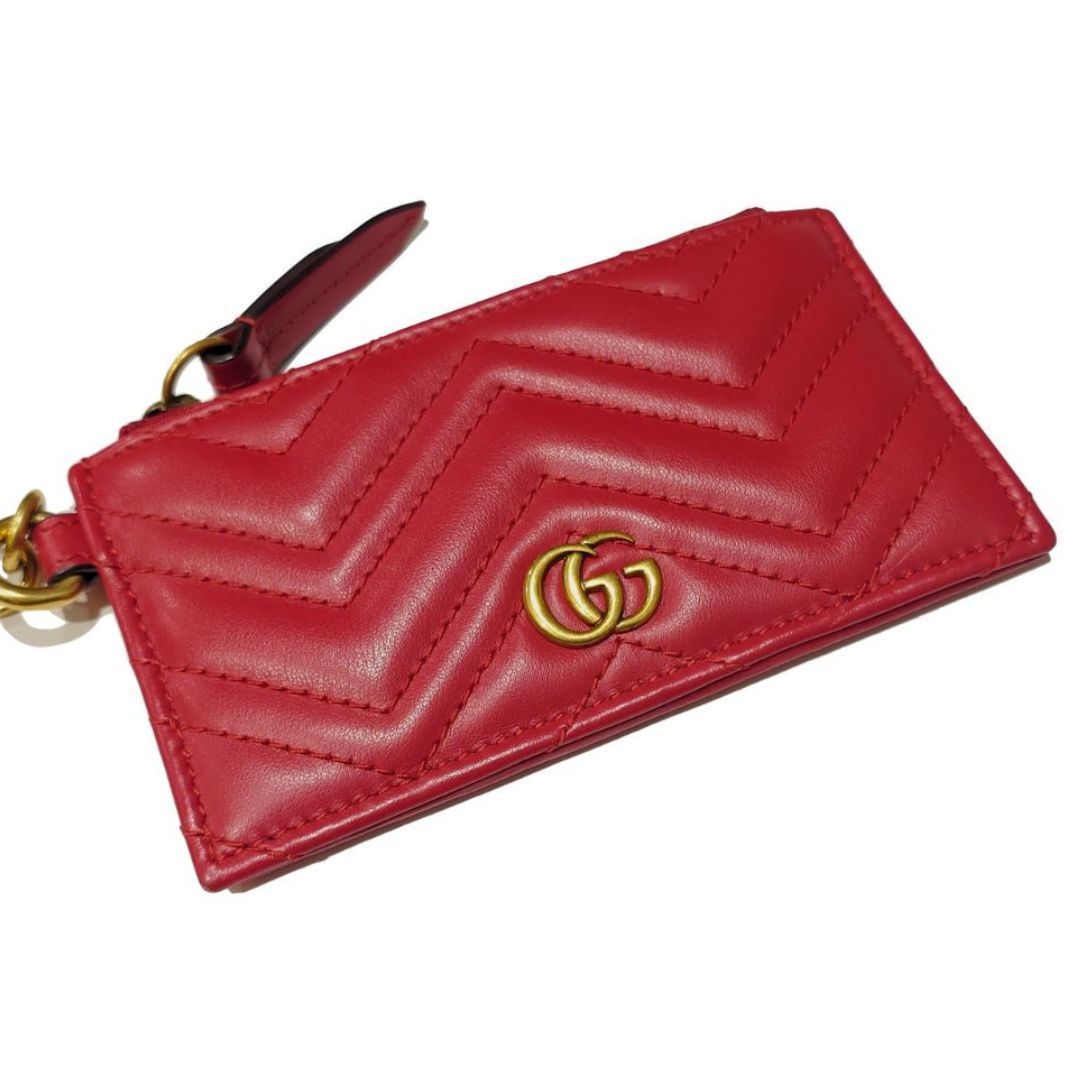 GUCCI グッチ GGマーモント ストラップ付き カード-コインケース フラグメントケース キルティング レザー レッド 赤