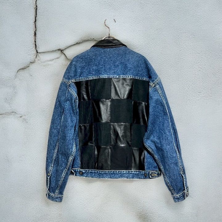 レザージャケット デニム リメイク品 デニム レザー リメイクジャケット ユニセックス 古着再構築 デニム