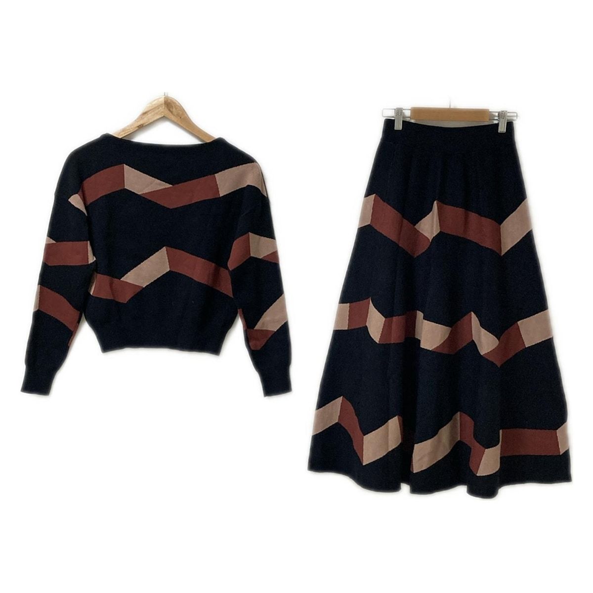 Diagram GRACE CONTINENTAL ダイアグラム スカートセットアップ レディース - 黒×ブラウン×ベージュ ニット ウエストゴム