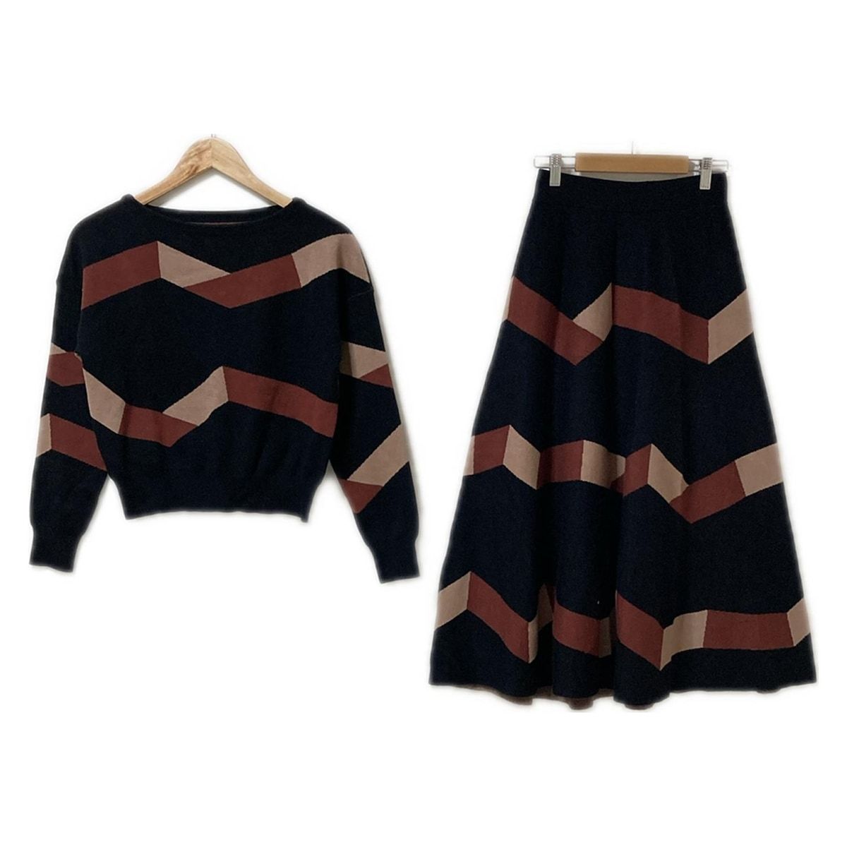 Diagram GRACE CONTINENTAL ダイアグラム スカートセットアップ レディース - 黒×ブラウン×ベージュ ニット ウエストゴム