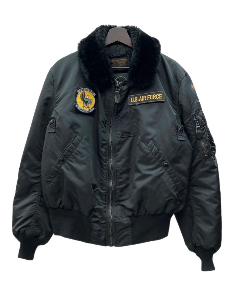 アルファインダストリーズ ALPHA INDUSTRIES B-15D FLIGHT JACKET フライト ジャケット MA-1 襟ファー ジップアップ アウター 黒 ジャケット ロゴ ブラック Mサイズ 104MT-2145