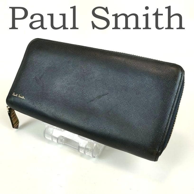 未使用✨ポールスミス　ネイビー 長財布　ラウンドジップ　マルチカラー　現行 Paul Smith ポールスミス 長財布 レザー ラウンドファスナー