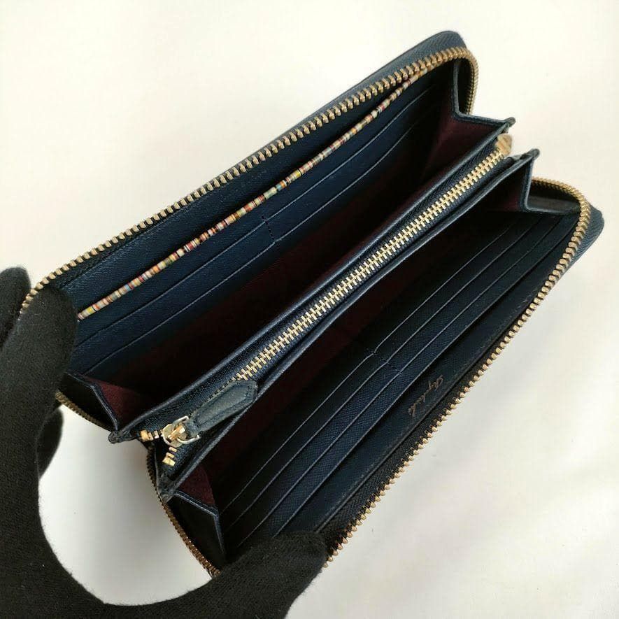 美品】ポールスミス 長財布 マルチストライプ 黒 紫 レザー ロゴ刻印