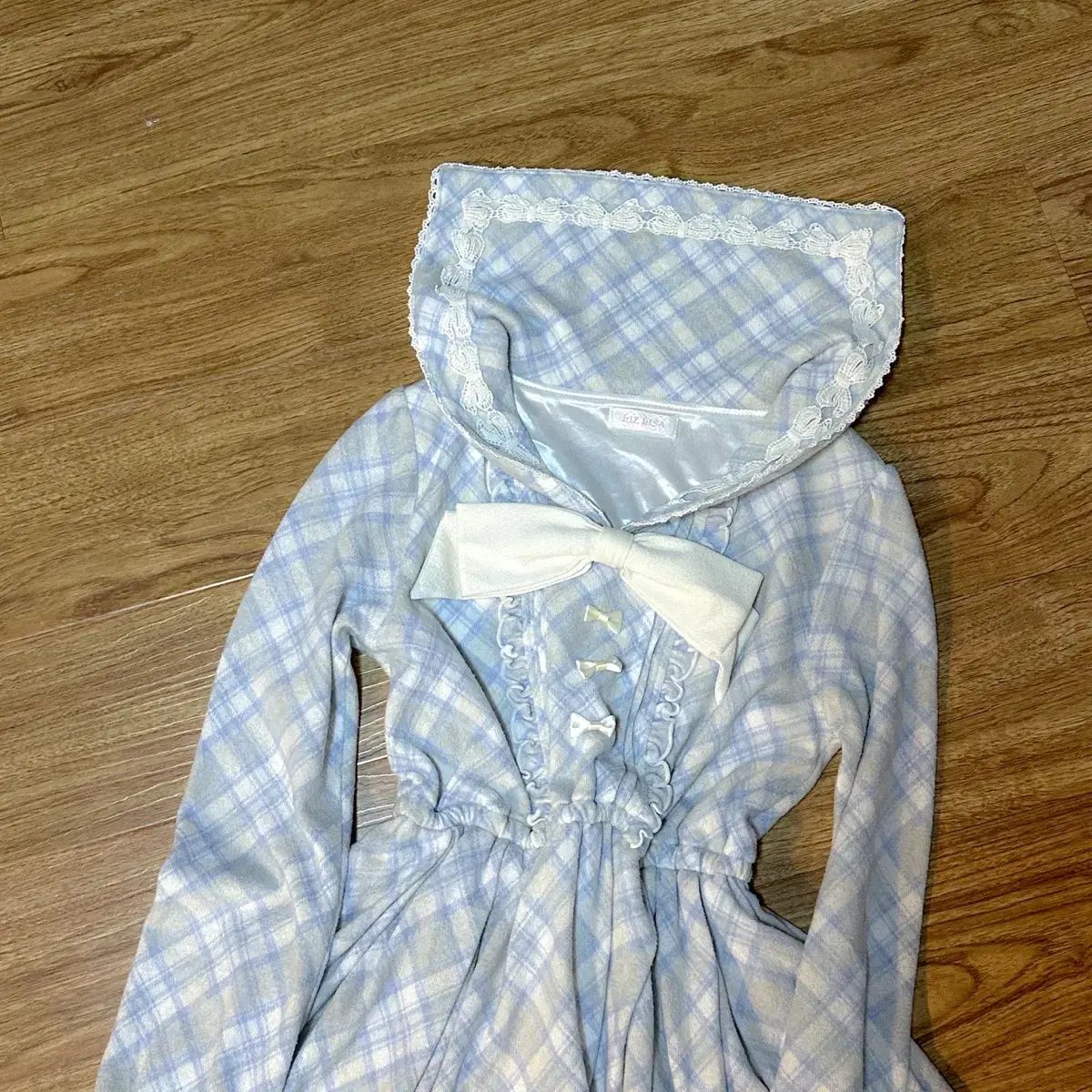 ヴィンテージ リズリサ スカイブルー チェック ラテ リボン セーラー ONE PIECE 姫ギャル アイレット
