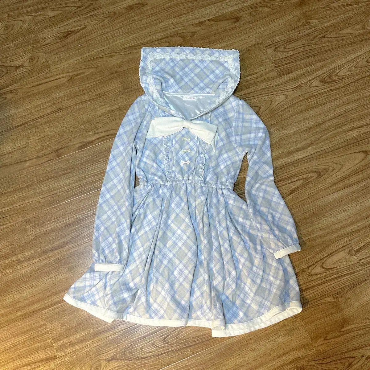 ヴィンテージ リズリサ スカイブルー チェック ラテ リボン セーラー ONE PIECE 姫ギャル アイレット