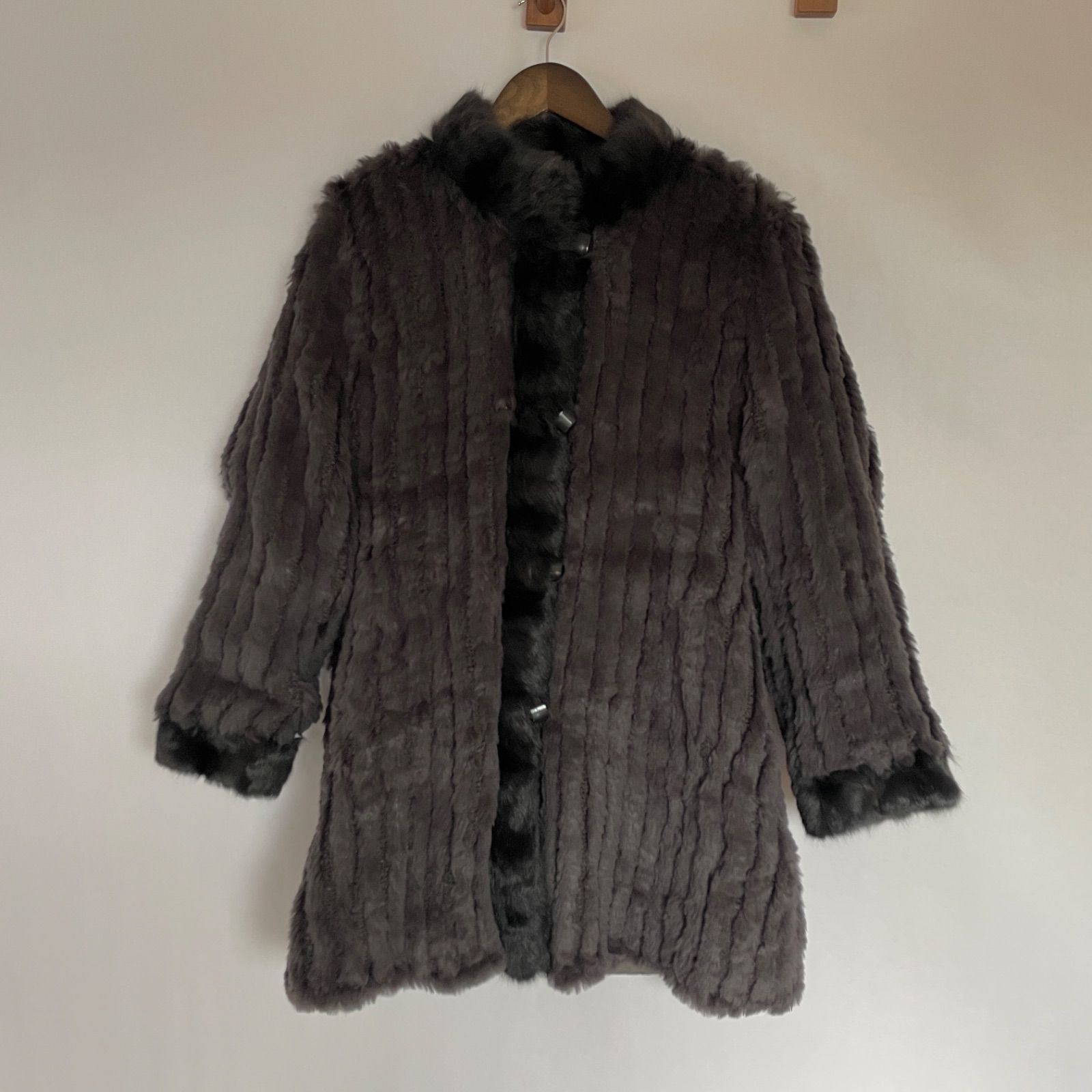 ロリス ラビットファー 2way リバーシブル シルク ロングコート L ダークグレー 軽量