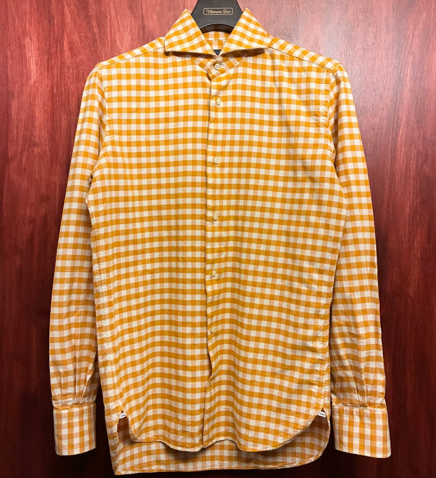 MADE IN ITALY製 DANOLIS per BEAMS F SLIM FIT ギンガムチェック柄 長袖シャツ オレンジ×ホワイト XSサイズ