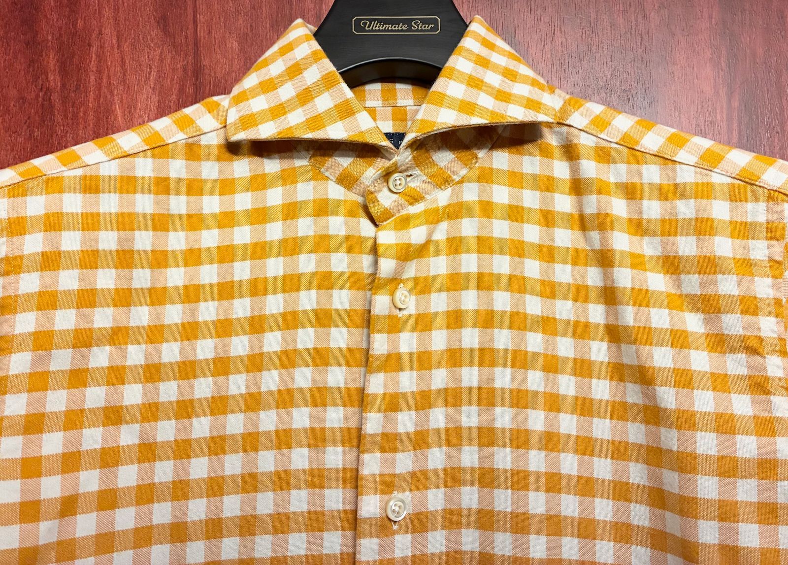 MADE IN ITALY製 DANOLIS per BEAMS F SLIM FIT ギンガムチェック柄 長袖シャツ オレンジ×ホワイト XSサイズ