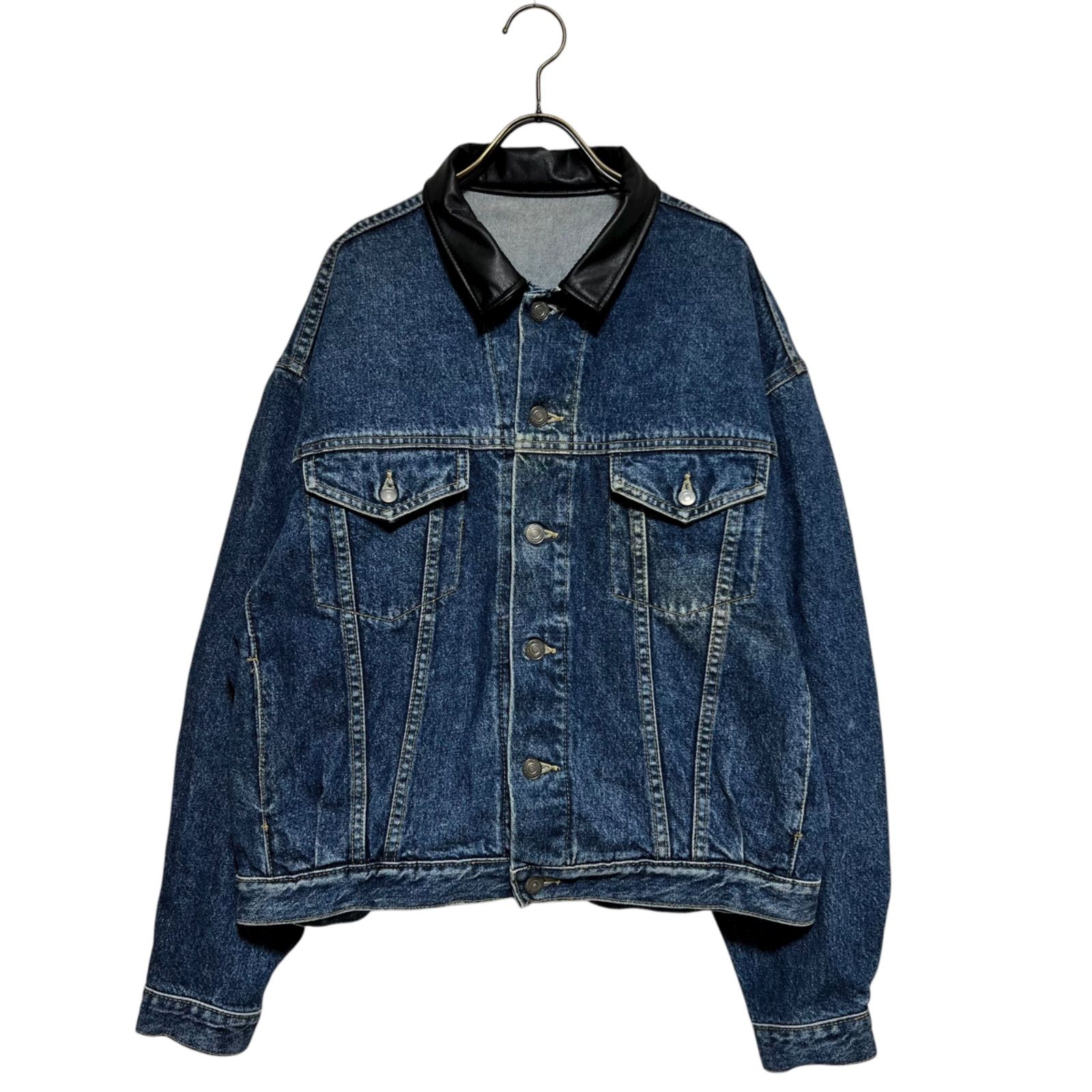 デニム レザー リメイクジャケット ユニセックス 古着再構築 デニム