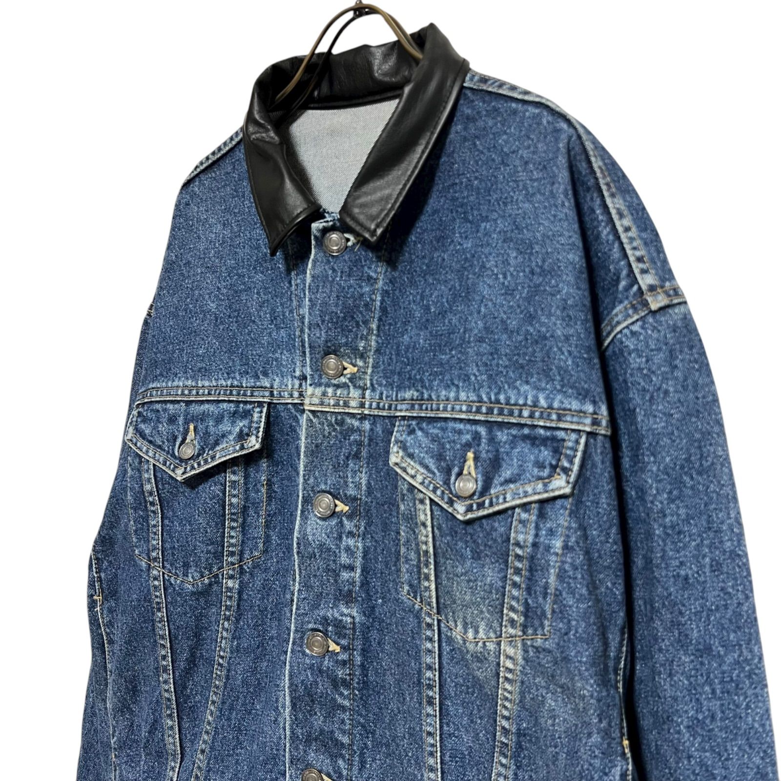 デニム レザー リメイクジャケット ユニセックス 古着再構築 デニム