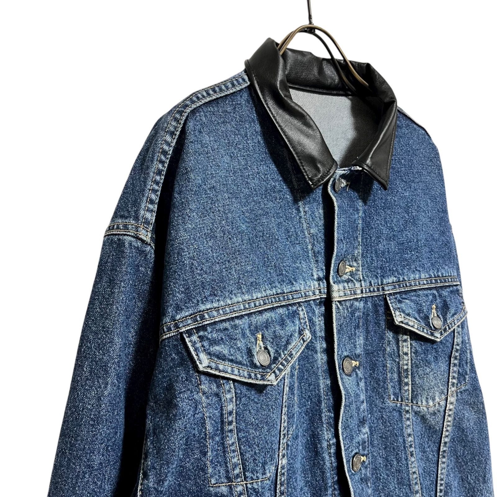 お値下げ 古着 リメイク デニムジャケット デニム レザー リメイクジャケット ユニセックス 古着再構築 デニム