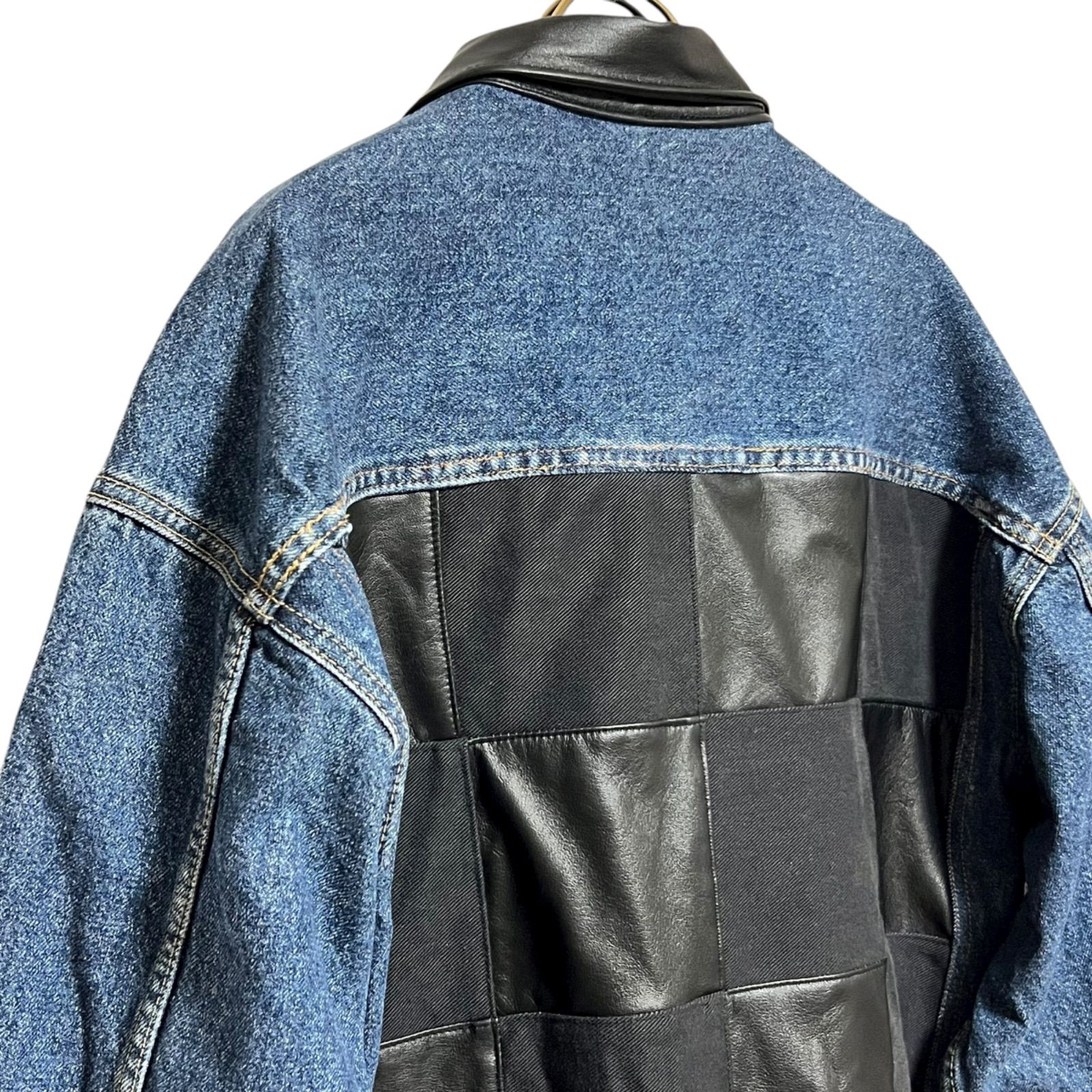 デニム レザー リメイクジャケット ユニセックス 古着再構築 デニム