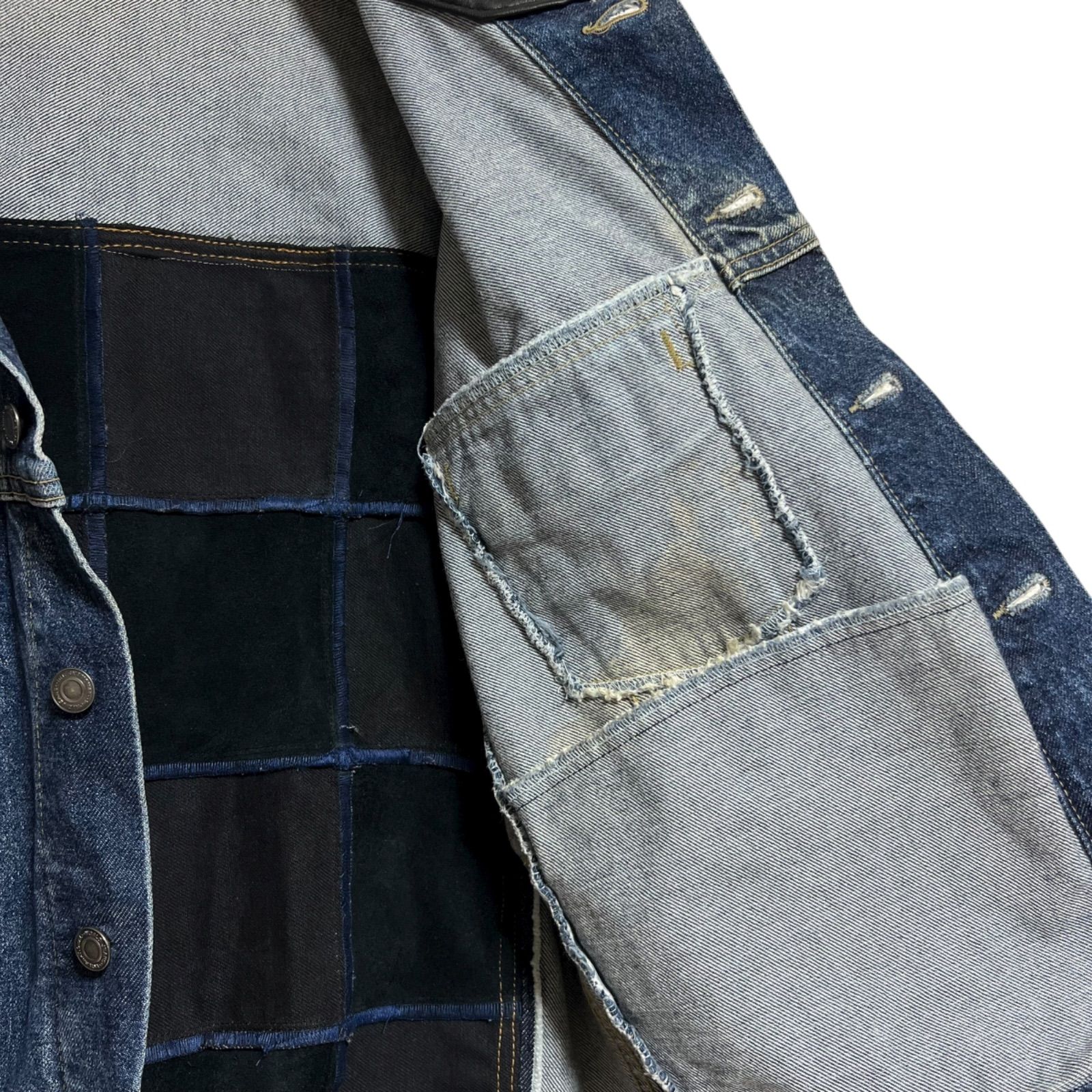 レザージャケット デニム リメイク品 デニム レザー リメイクジャケット ユニセックス 古着再構築 デニム