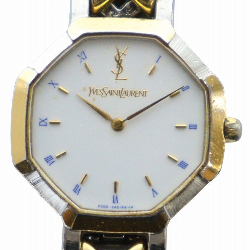 イヴサンローラン YVES SAINT LAURENT 腕時計 ウォッチ クォーツ 白文字盤 ロゴ ローマン オクタゴン 八角形 ゴールド色 シルバー色 2200-226313 ■GY18 /MQ
