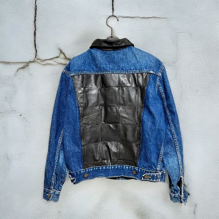 デニムジャケット L相当 ユニセックス 襟レザー ブラック×ダークブラウン リメイク Custom Made