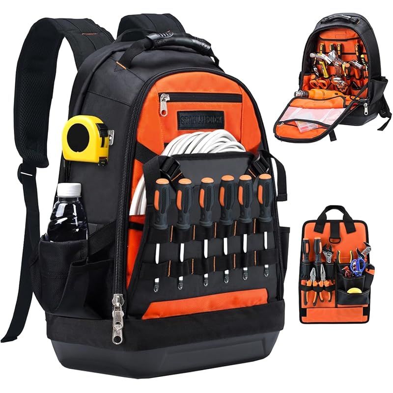 大容量 耐久性 ツールバックパック 工具収納リュック 自立型ハード底 電気工事 建設 設備作業用 メンズ対応 多ポケット付き 1