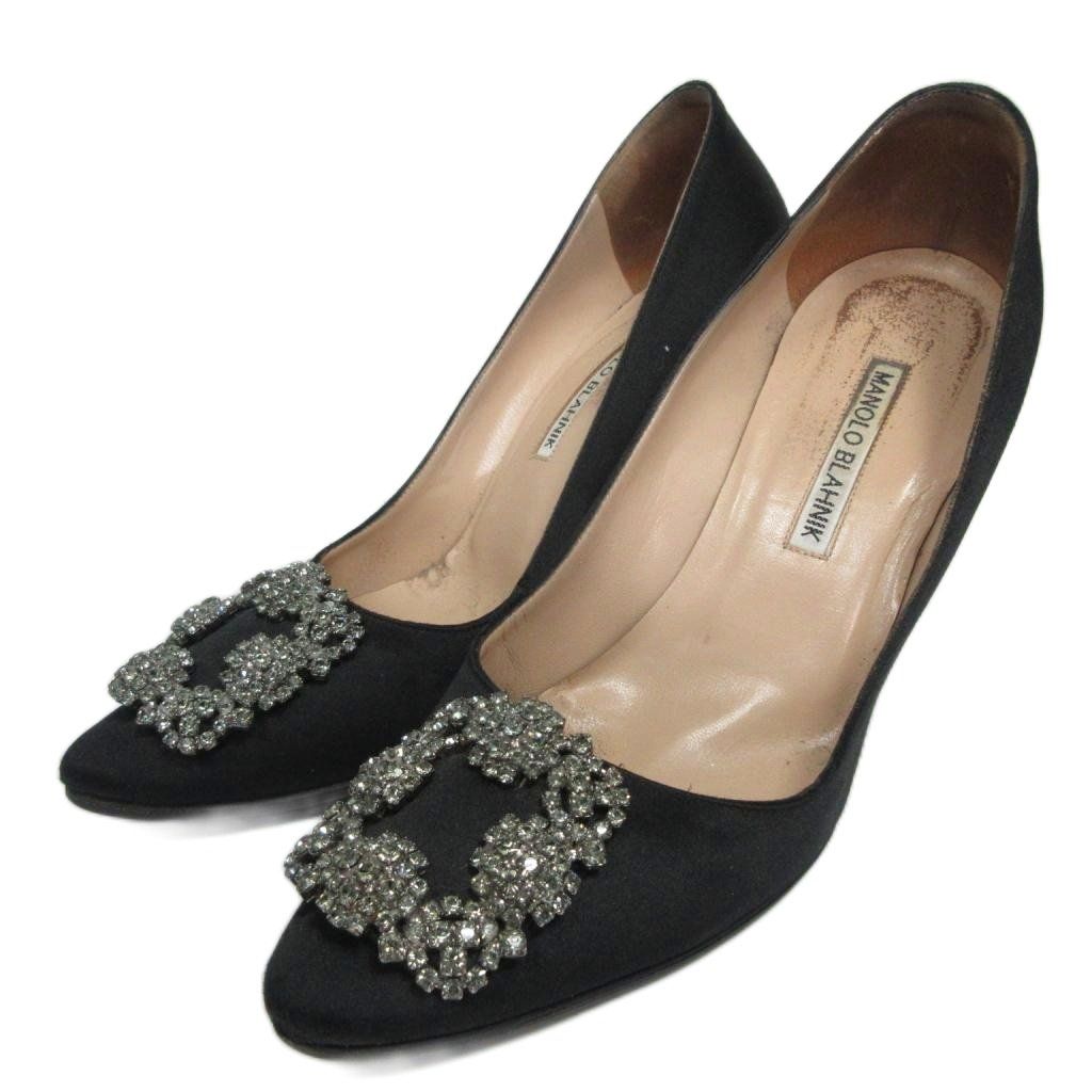 マノロブラニク MANOLO BLAHNIK ハンギシ パンプス ビジュー ラインストーン スクエア デザイン サテン ハイヒール 36 1 2 約23.5 cm 黒 ブラック MNK 1030
