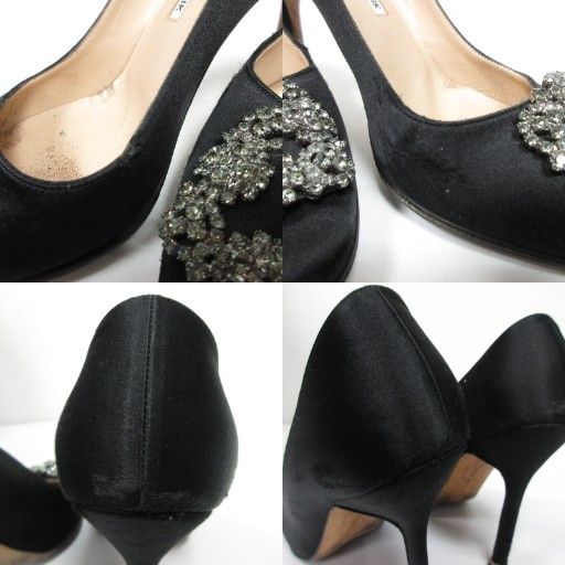  マノロブラニク MANOLO BLAHNIK ハンギシ パンプス ビジュー ラインストーン スクエア デザイン サテン ハイヒール 36 1 2 約23.5 cm 黒 ブラック MNK 1030 ハイヒール パンプス パンプス