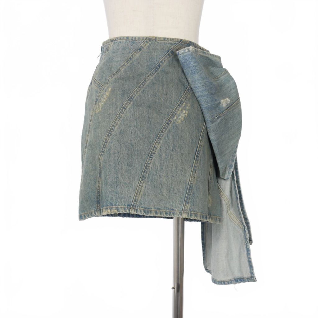 ミュウミュウ miumiu 2018 サイド リボン デニム ミニスカート 加工 36 インディゴ GWD157