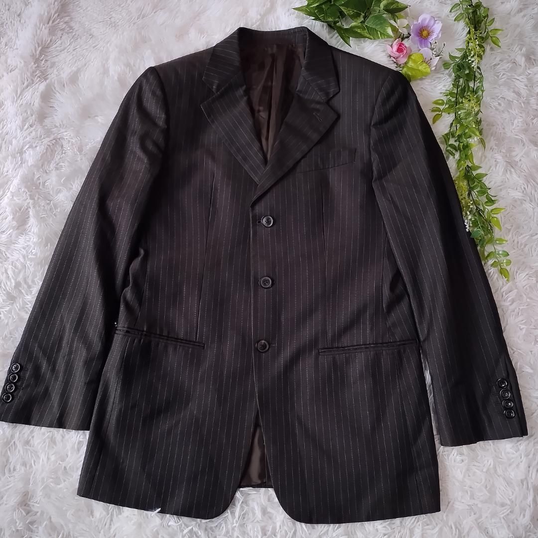 アルマーニコレッツォーニ スーツ セットアップ 3つ釦 ストライプ グレー 肩パット 48 Lサイズ ウール T796