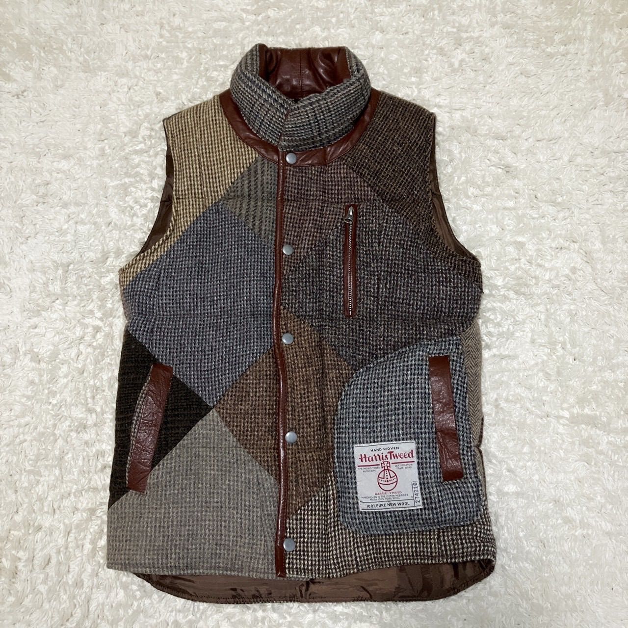 Harris Tweed ハリスツイード ウール パッチワーク ダウンベスト ヘリンボーン