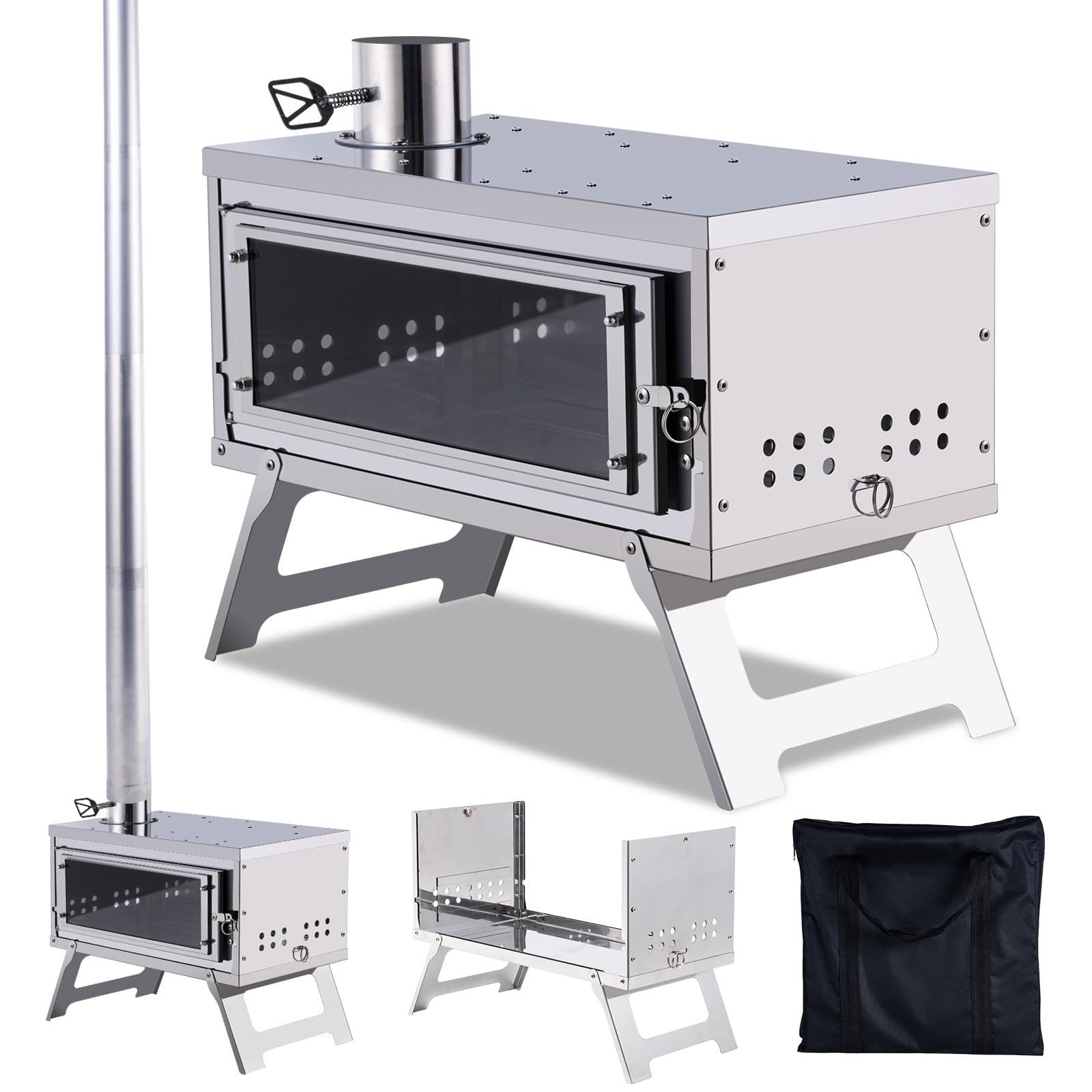 CHANGE MOORE 薪ストーブ 二次燃焼 折りたたみ コンパクト 日本語説明書付き 組み立て簡単 焚火台 耐熱ガラス窓 煙突付き キャンプ アウトドア用 ツーリング バイクキャンプ 収納バッグ付き