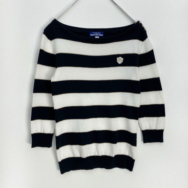 バーバリーブルーレーベル ラメ入ボーダー ニットプルオーバー 金ボタン ワッペン 三陽商会 BURBERRY BLUE LABEL