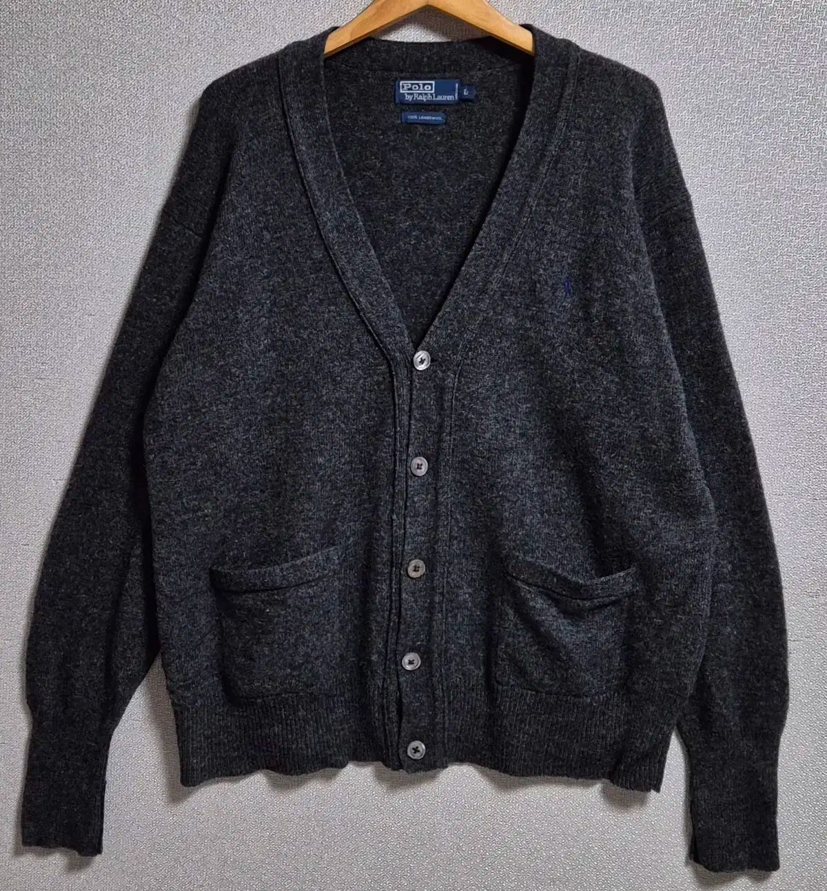 L 100 ポロラルフローレン ダークグレー ラムウール ニット カーディガン