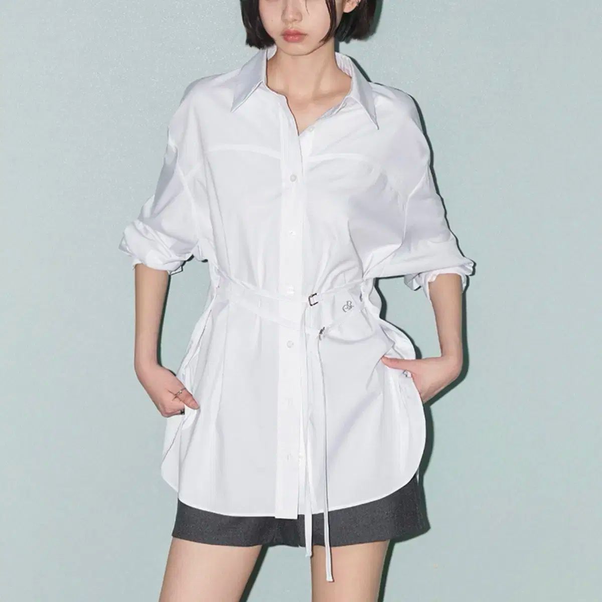 シティーブリーズ リンクル フリー ベルト付き シャツ 白