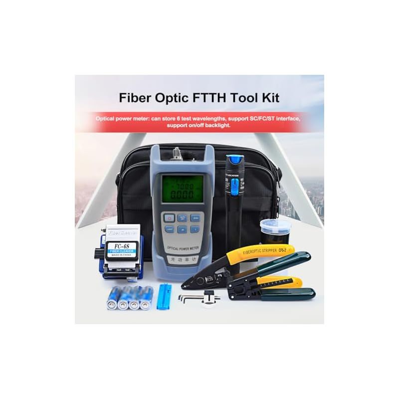 光ファイバー FTTH ツールキット 光パワーメーター ファイバークリーバー ワイヤーストリッパー 光ファイバーコールド接続ツールセット 収納バッグ付き 0