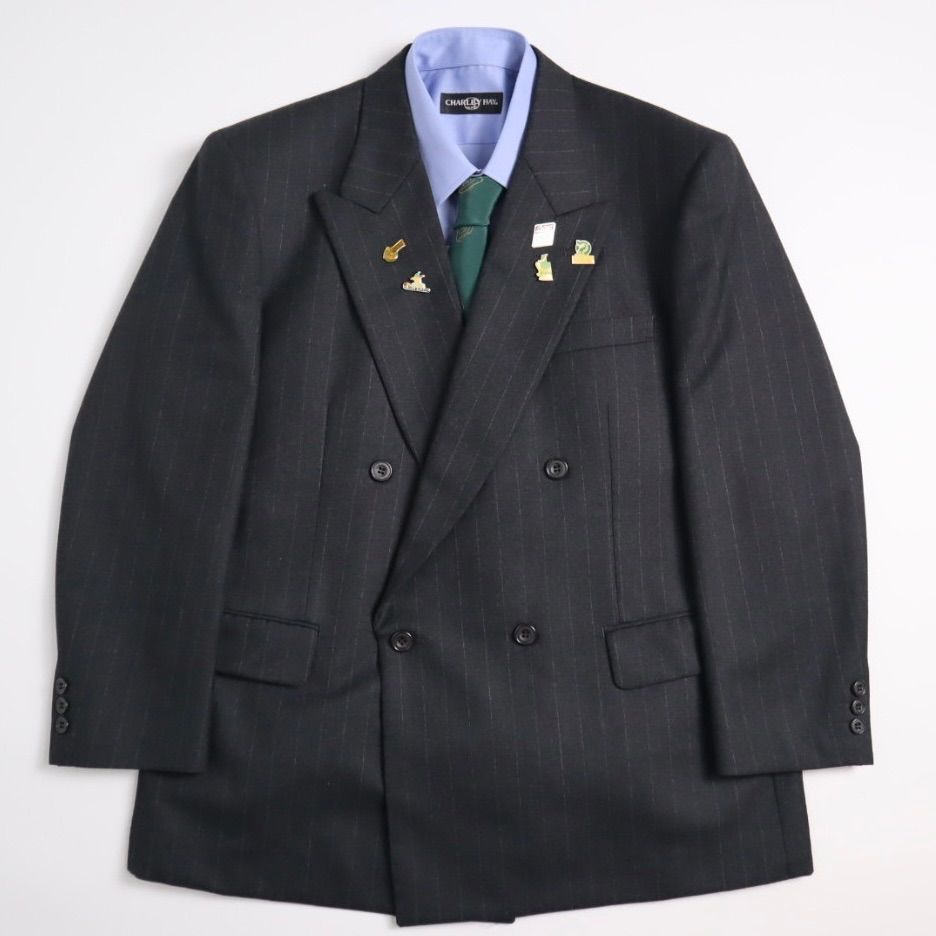 5点セット レトロ ダブルブレスト ジャケット パンツ シャツ ネクタイ ピンズ グレー ストライプ テーラードジャケット スラックス ネクタイ ダブルジャケット コーディネート売り コーデ売り セット売り 結婚式 入学式 卒業式 二次会