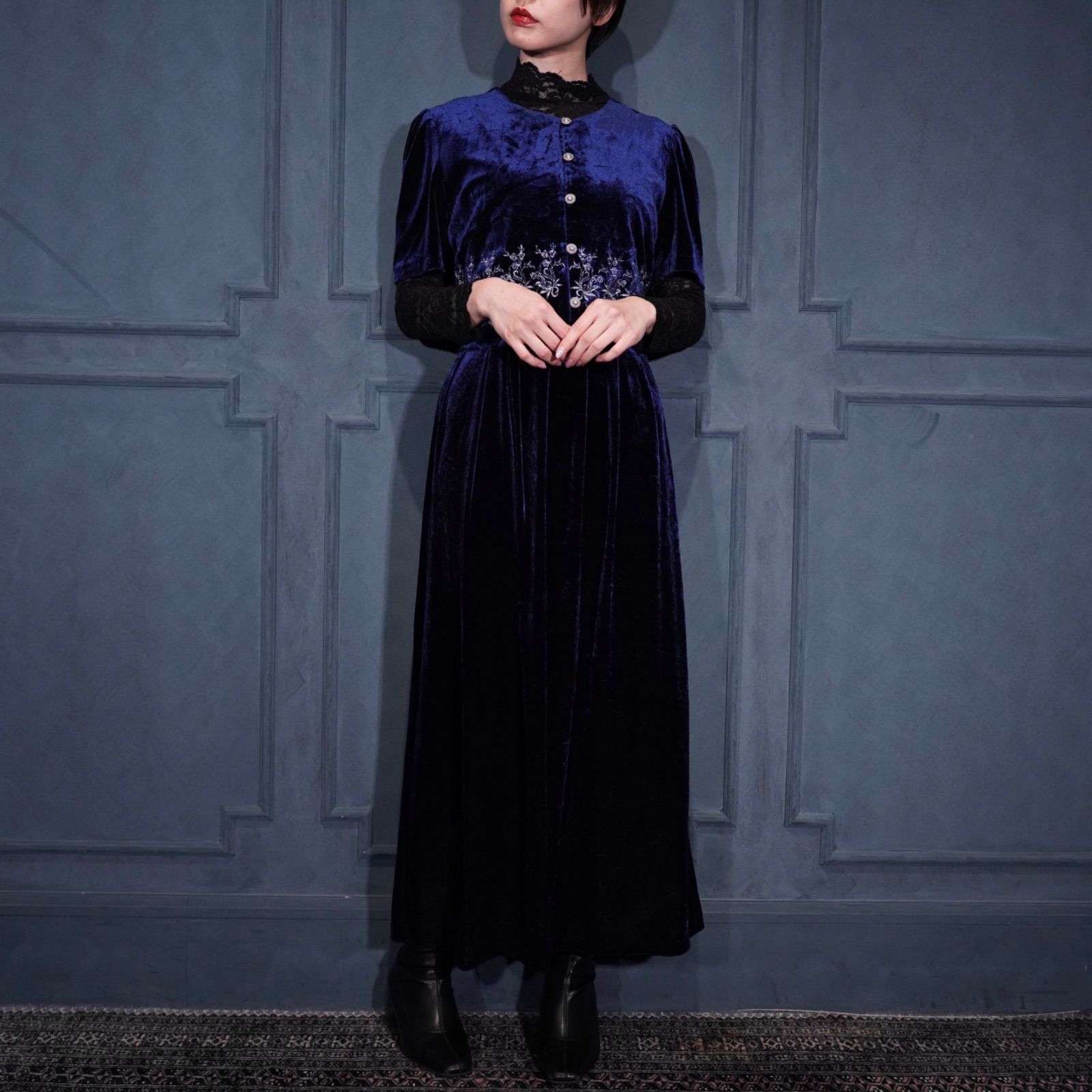 USA VINTAGE ANOTHER THYME EMBROIDERY LAYARD DESIGN VELOUR ONE PIECE アメリカ古着刺繍レイヤードデザインベロアワンピース