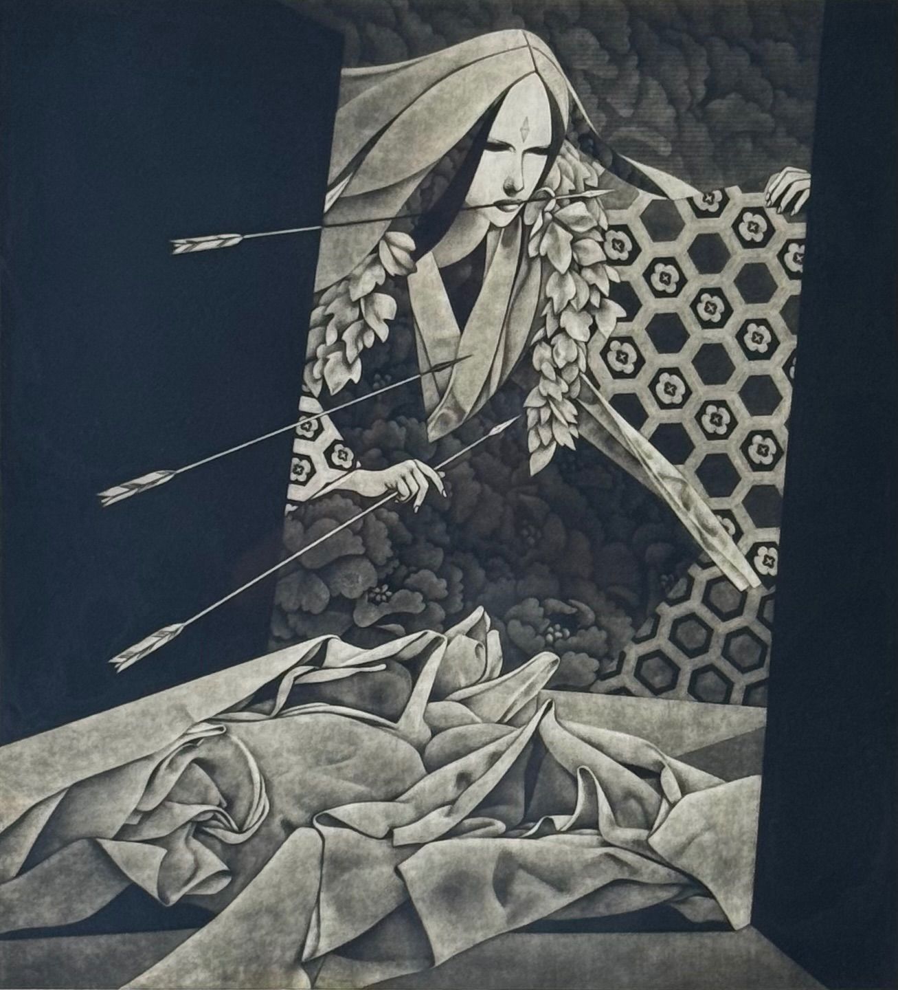 斎藤カオル 征矢をもつ婦人 銅版画 共シール 直筆サイン入り 春陽会会員 幻想的な叙情世界を表現する版画家