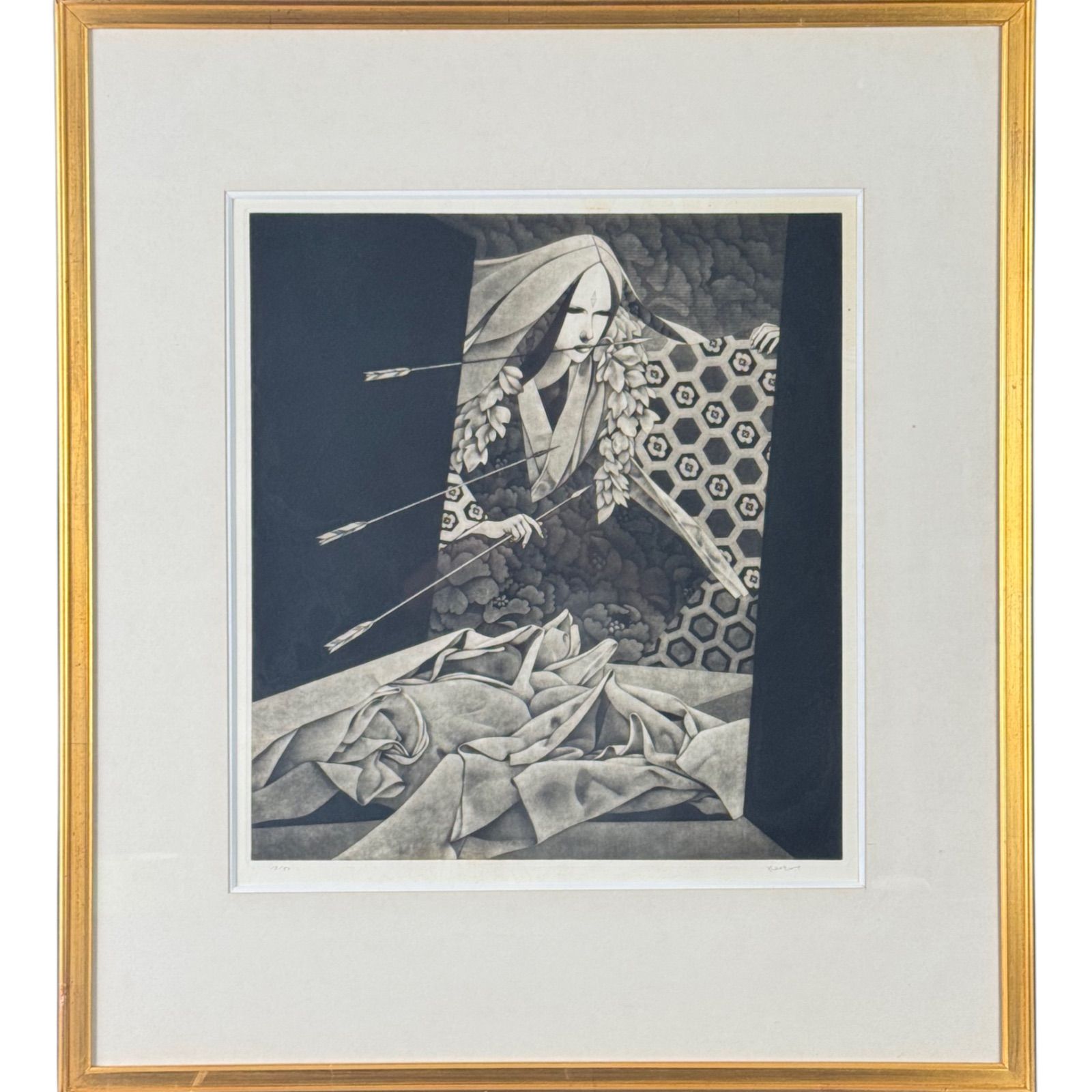 斎藤カオル 征矢をもつ婦人 銅版画 共シール 直筆サイン入り 春陽会会員 幻想的な叙情世界を表現する版画家