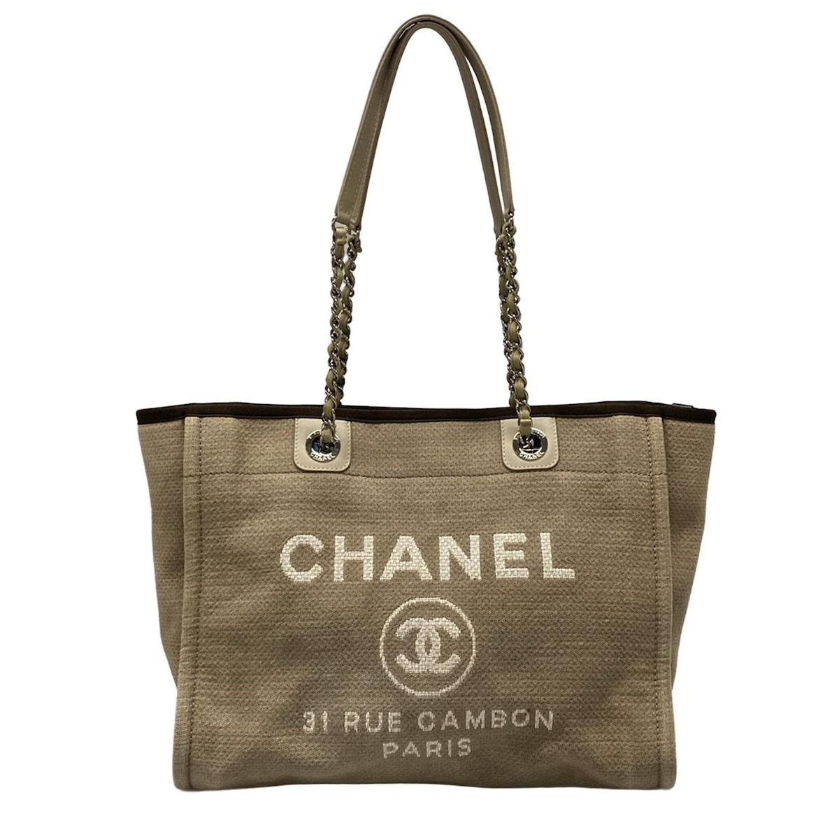 CHANEL シャネル トートバッグ ドーヴィルラインMM ベージュ×ダークブラウン チェーンショルダー シルバー金具 レザー
