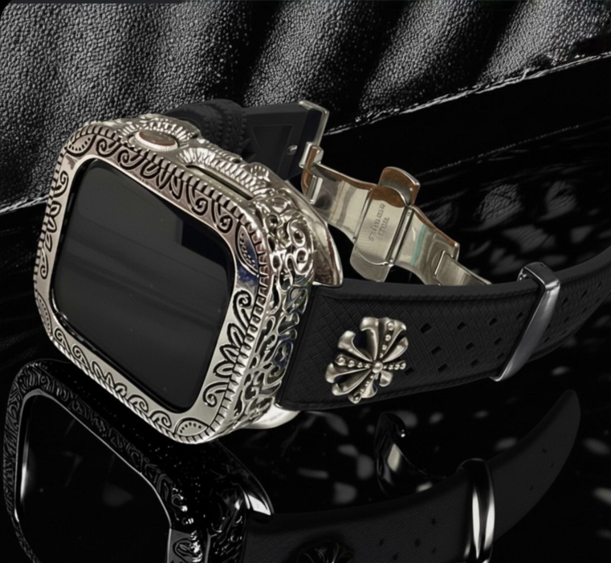 アップルウォッチカバーケース Apple Watchラバーバンドベルト アラベスク フッ素ラバー コンチョ付き 231