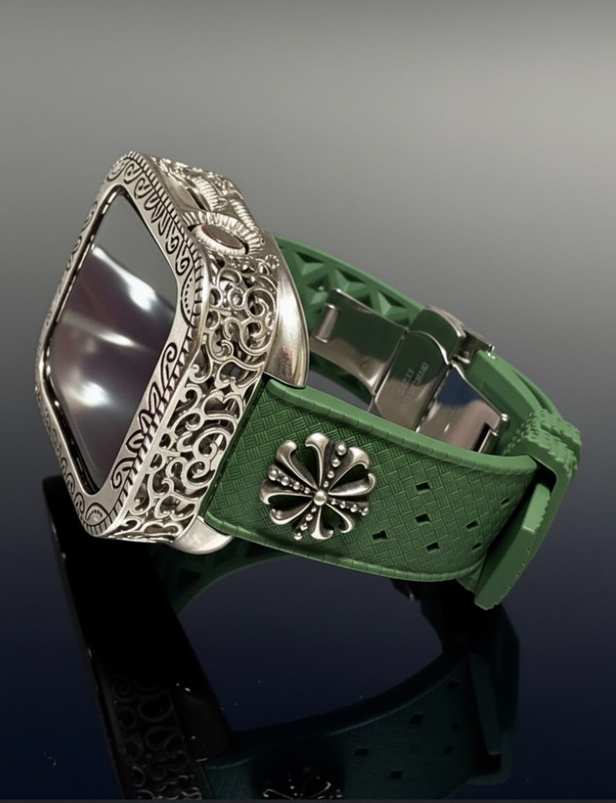 アップルウォッチカバーケース Apple Watchラバーバンドベルト アラベスク フッ素ラバー コンチョ付き 228