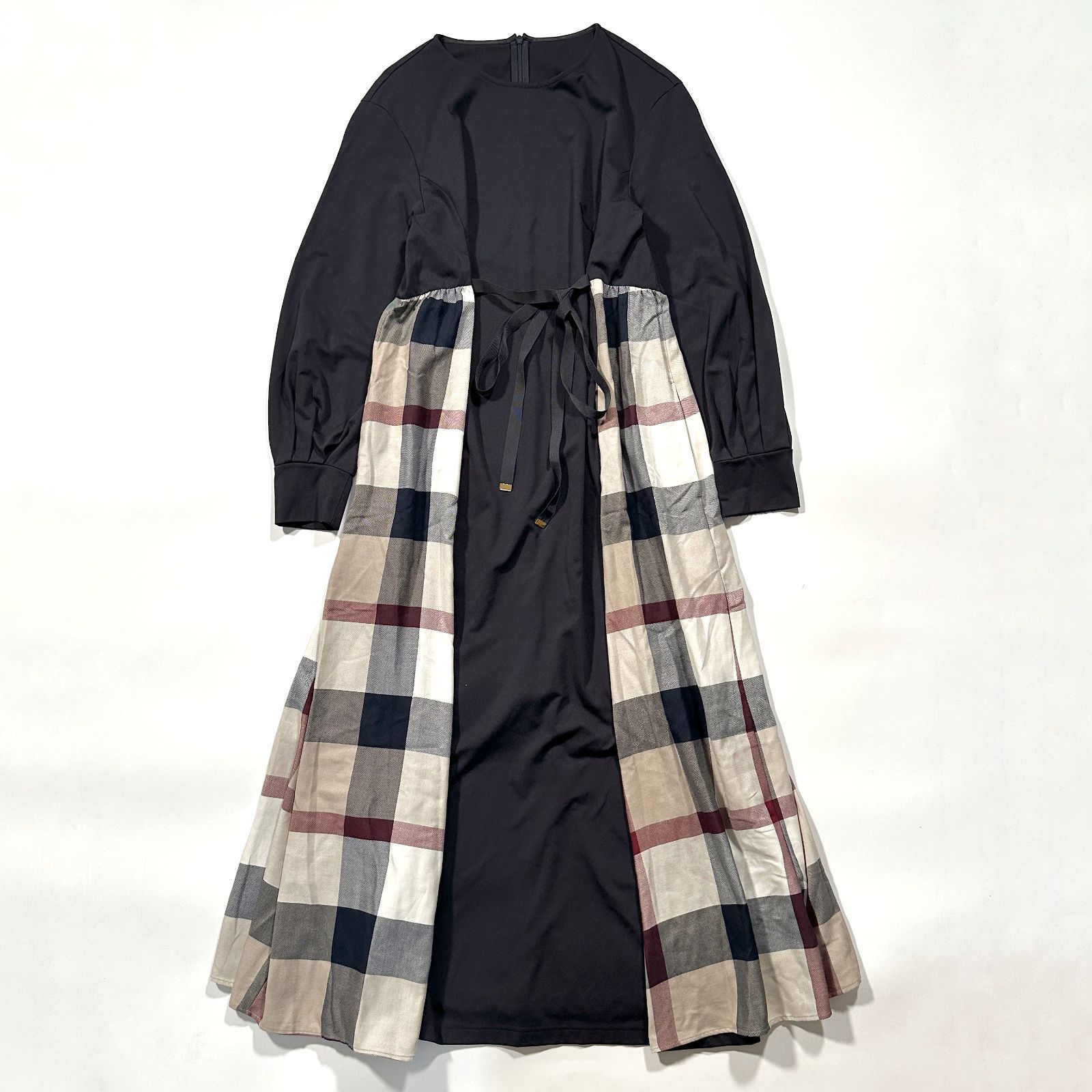 BLUE LABEL CRESTBRIDGE ブルーレーベルクレストブリッジ サイドチェック ストレッチ ワンピース 長袖 ネイビー Aライン