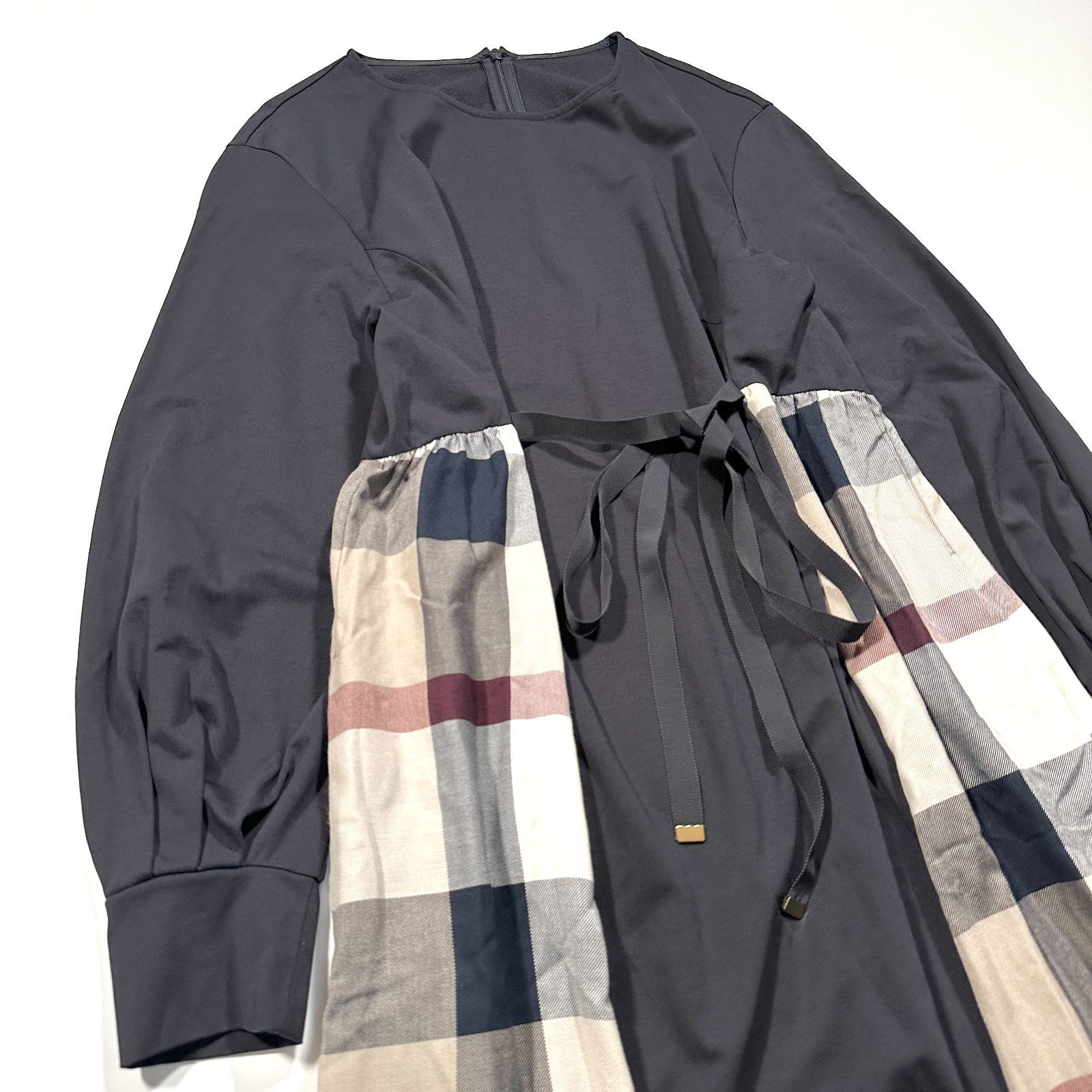 BLUE LABEL CRESTBRIDGE ブルーレーベルクレストブリッジ サイドチェック ストレッチ ワンピース 長袖 ネイビー 38サイズ Aライン