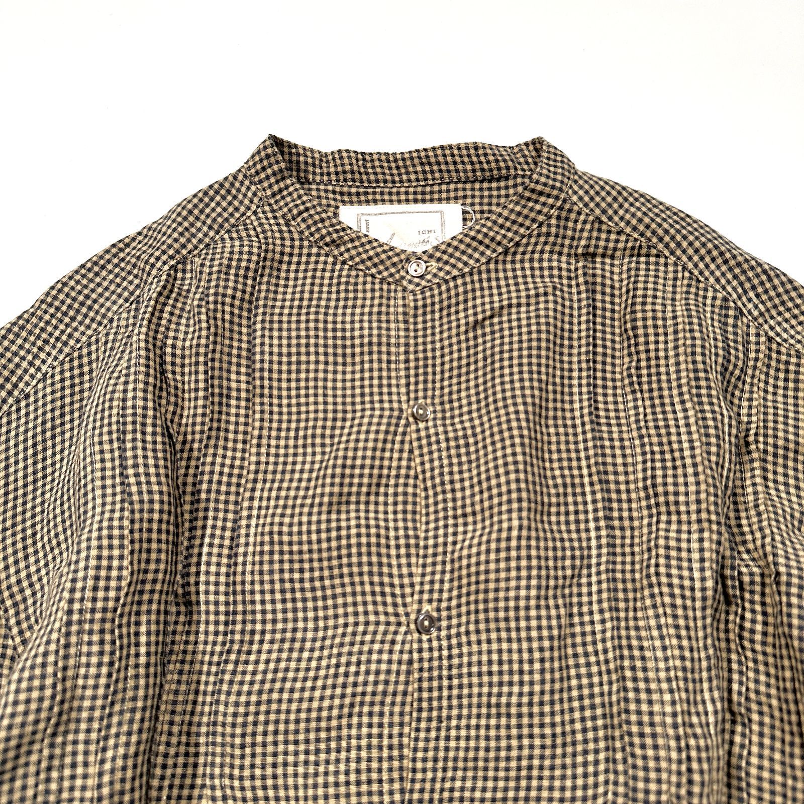ICHI Antiquites イチアンティークス ギンガムチェック ボリュームスリーブ シャツ ワンピース バンド ブラウン系 リネン 麻