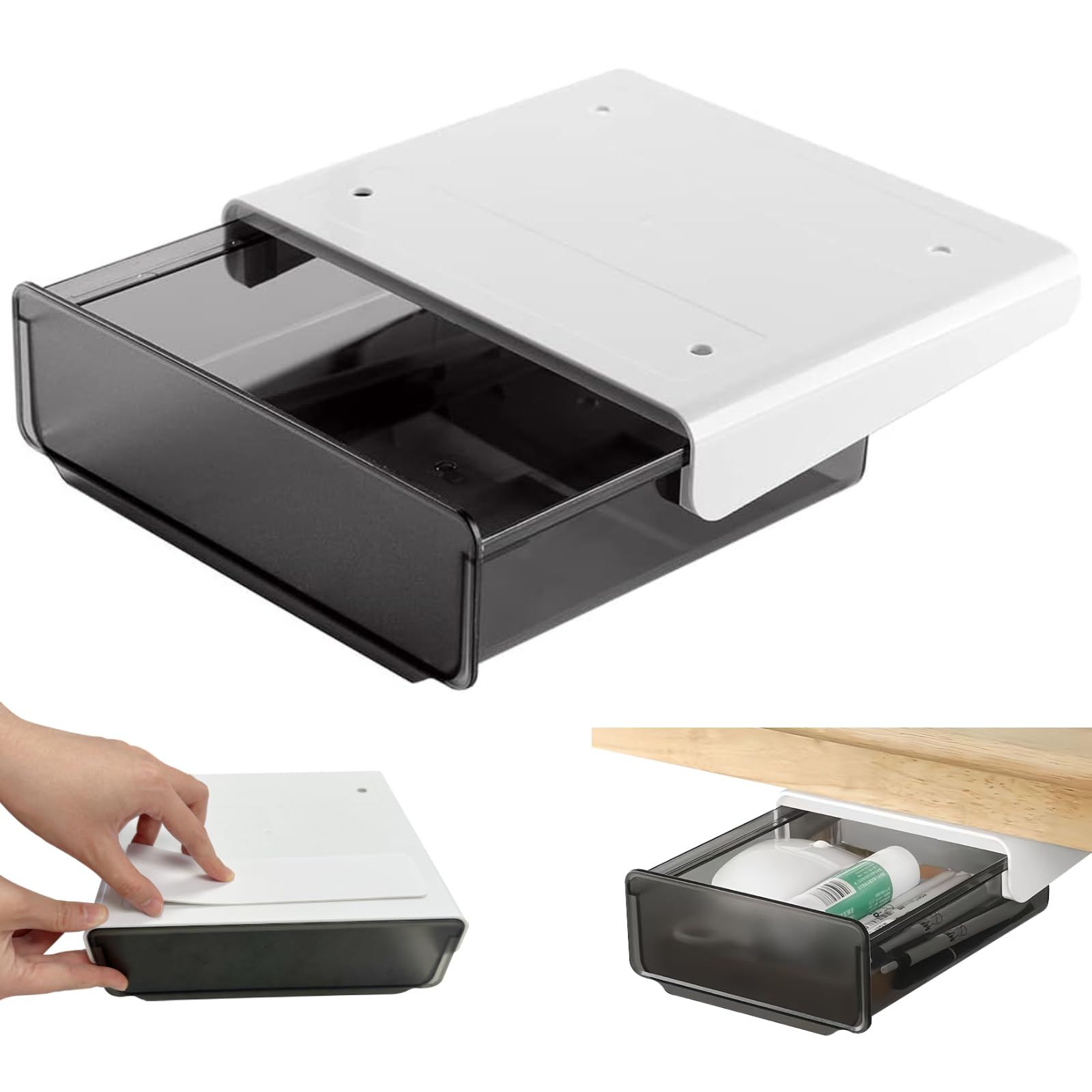 Soomil デスク下 収納ボックス 後付け引き出し 便利 机下収納 整理収納アドバイザー推薦 小物整理 文房具 リモコン 食器収納 強力粘着 工具不要 簡単設置 両面テープ付き ブラック 20 23.5 7.2 cm
