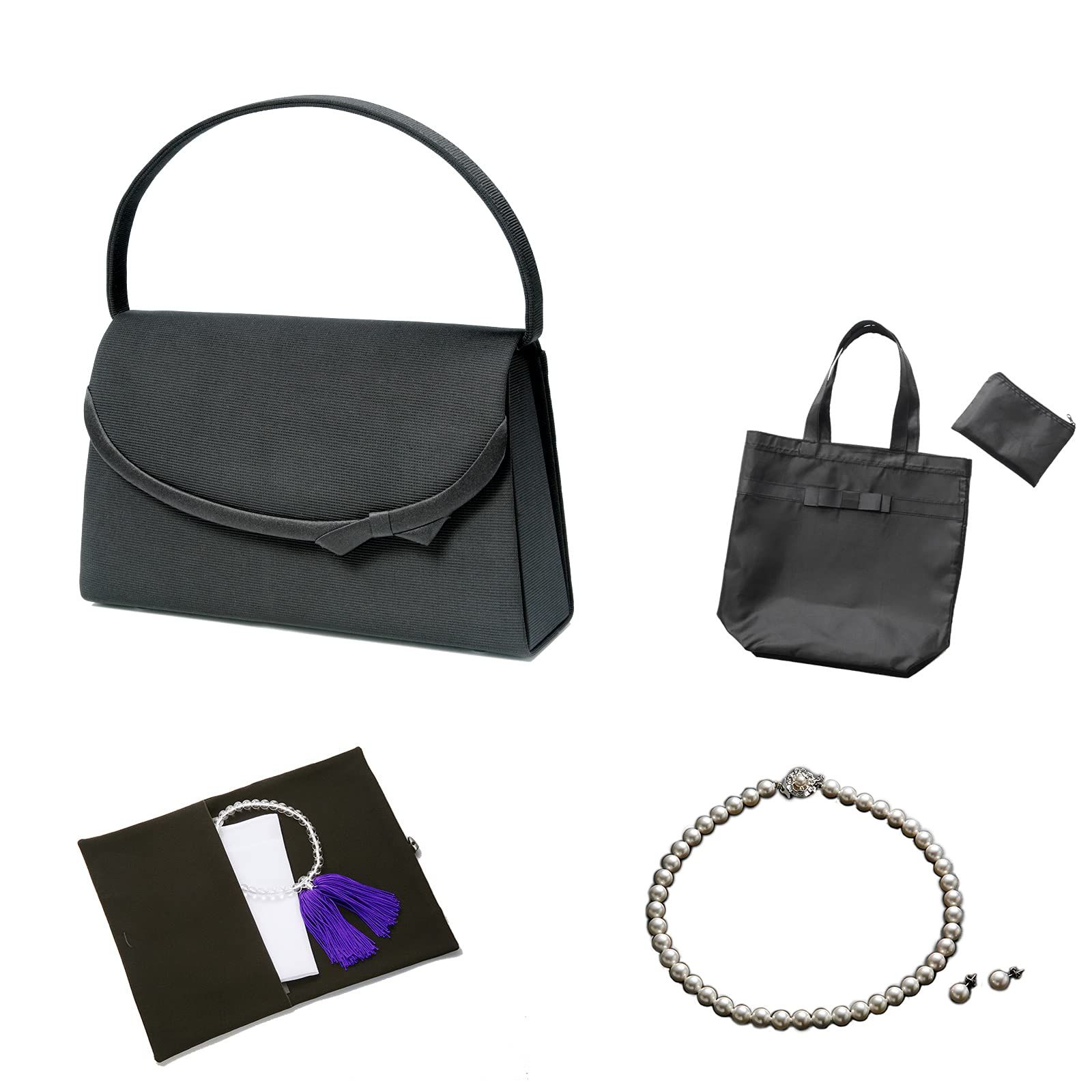 マーガレット ゴールド フォーマル バッグ ネックレス ピアス ふくさ ハンカチ 数珠 トート ７点セット 3 P M